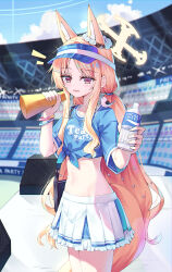  1girl :d absurdres alternate_costume alternate_hairstyle animal_ear_fluff animal_ears animal_on_shoulder bare_legs bird bird_on_shoulder blonde_hair blue_archive blue_shirt blue_visor_cap blurry blurry_background blush bottle bracelet cheerleader commentary cowboy_shot cross_halo day dual_wielding extra_ears eyelashes fingerless_gloves flower flower_wreath fox_ears fox_girl fox_tail frilled_skirt frills glint gloves halo head_wreath highres holding holding_bottle jewelry long_hair looking_at_viewer low_twintails miniskirt multiple_bracelets natie navel notice_lines open_mouth outdoors parted_bangs pleated_skirt red_eyes seia_(blue_archive) shirt short_sleeves sidelocks skirt smile solo stadium stomach sweat tail tied_shirt twintails very_long_hair visor_cap water_bottle wavy_ends white_bird white_flower white_skirt yellow_halo 