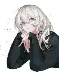  1girl black_choker black_sweater choker doveop earrings girls_band_cry grey_eyes grey_hair head_rest highres jewelry kawaragi_momoka long_hair long_sleeves multicolored_hair open_mouth roots_(hair) sidelocks simple_background solo sweater white_background 