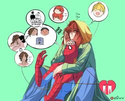  1boy 1girl animal_print blonde_hair blue_bodysuit bodysuit brown_hair character_request dirietist english_text highres hood hood_up hooded_jacket jacket jean_grey long_hair marvel mary_jane_watson mask multicolored_bodysuit orange_hair red_bodysuit simple_background spider-man spider-man_(series) spider_print spider_web_print superhero_costume tombstone two-tone_bodysuit 