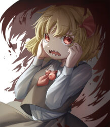  1girl ascot black_skirt black_vest blonde_hair collared_shirt commentary_request hair_ribbon hasukappu highres long_sleeves looking_at_viewer medium_hair open_mouth red_ascot red_eyes red_ribbon ribbon rumia sharp_teeth shirt skirt skirt_set solo teeth touhou vest white_shirt 