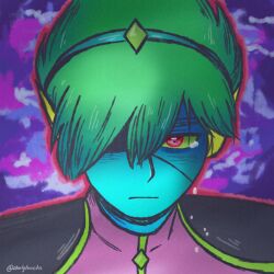  1boy artist_name blue_skin captain_spaceboy closed_mouth colored_sclera colored_skin commentary english_commentary eyepatch green_hair highres looking_at_viewer male_focus omori outline red_eyes red_outline short_hair solo starlyfnnctn tearing_up twitter_username yellow_sclera 
