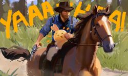  1boy absurdres arthur_morgan beard blue_shirt brown_hair chiikawa collared_shirt commentary cowboy_hat cowboy_western crossover east-west_crossover english_commentary english_text facial_hair grass gun handgun hat highres holding holding_gun holding_weapon horse horseback_riding male_focus outdoors red_dead_redemption_(series) reins revolver riding riding_pokemon saddle shirt short_hair sleeves_rolled_up suspenders totalmortal tree usagi_(chiikawa) weapon 
