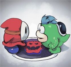  2boys 2others bad_food blue_hair bowser_logo crossover food grey_background looking_at_another male_focus mario_party mask multiple_boys multiple_others no_humans plate pumpkin shy_guy spike_(mario) super_mario_bros. suyasuyabi 