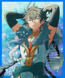  1boy :q adversarial_noise ahoge armpits arms_up black_hair chinese_clothes cleavage_cutout clothing_cutout commentary_request earrings elbow_gloves facial_tattoo fur_collar genbu_(synthesizer_v) gloves half-closed_eyes highres jewelry male_focus mandarin_collar pankou rope sash shimenawa side_part single_earring sleeveless solo spiky_hair synthesizer_v tassel tassel_earrings tattoo tokuname tongue tongue_out yellow_eyes 