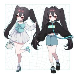  1girl bag black_hair choker collar commentary_request dress expressionless full_body hair_intakes handbag highres leash long_hair looking_at_viewer looking_to_the_side luna_(nashi) multiple_views nashi_(shi_ra_nu_i) original pokemon red_eyes skirt slit_pupils sweater twintails very_long_hair white_dress 