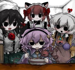  4girls :3 :d alternate_costume animal_ears apron arm_cannon black_dress black_eyes black_hairband blank_room_soup blue_shirt blush bowl braid buttons cat_ears chef_hat chest_eye closed_mouth collared_shirt commentary_request control_rod_(touhou) diamond_button disembodied_linked_eye dress empty_eyes enmaided eyeball frilled_shirt_collar frilled_sleeves frills green_hair green_skirt hair_ornament hairband hat heart heart_button heart_hair_ornament heart_print heripantomorrow kaenbyou_rin komeiji_family_(touhou) komeiji_koishi komeiji_satori long_sleeves looking_at_another maid maid_apron maid_headdress multiple_girls open_mouth pink_apron pink_hair puffy_short_sleeves puffy_sleeves red_hair reiuji_utsuho shirt short_sleeves siblings sisters skirt smile sweatdrop third_eye touhou twin_braids weapon white_shirt wide_sleeves yellow_shirt 