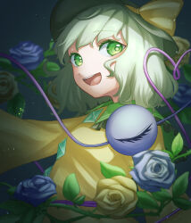  1girl :d black_hat blue_flower blue_rose bow buttons collared_shirt commentary_request diamond_button disembodied_linked_eye eyeball flower frilled_shirt_collar frilled_sleeves frills green_eyes green_hair hasukappu hat hat_bow highres koishi_day komeiji_koishi long_sleeves looking_at_viewer rose shirt smile solo touhou wide_sleeves yellow_bow yellow_flower yellow_rose yellow_shirt 