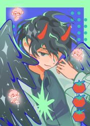  absurdres black_hair black_wings blush coat demon_horns demon_wings feathered_wings highres horns kim_dokja looking_at_viewer male_focus omniscient_reader's_viewpoint short_hair smirk star_(symbol) tall_male tomato white_coat wings yoo_joonghyuk 
