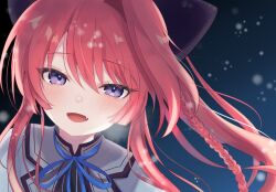  1girl :d absurdres blue_ribbon blush braid breath commentary eyelashes eyes_visible_through_hair fang floating_hair hair_between_eyes highres inui_sana long_hair looking_at_viewer mashiroiro_symphony neck_ribbon night open_mouth outdoors ponytail red_hair ribbon school_uniform shiomoe000 shirt sidelocks single_braid single_hair_intake smile snow solo tsurime upper_body very_long_hair violet_eyes white_shirt winter 