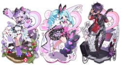  1boy 2girls absurdres animal_ears animal_hands apron black_bow black_bowtie black_hair black_jacket black_pants black_shoes black_skirt blue_dress blue_hair bow bowtie center_frills commentary_request dark-skinned_male dark_skin dress fake_animal_ears fox_shadow_puppet frilled_apron frilled_dress frills full_body gloves grin guitar hair_bow hair_over_one_eye highres holding holding_guitar holding_instrument idol_land_pripara instrument jacket katasumi_amari korean_commentary long_hair mario_(pripara) medium_hair multiple_girls oc_x_canon one_eye_covered open_mouth original owoxxxc pants paw_gloves paw_shoes pink_bow pink_eyes polka_dot polka_dot_skirt pretty_series pripara purple_gloves purple_hair purple_shoes rabbit_ears red_eyes shirt shoes short_hair skirt skirt_bow sleeveless sleeveless_dress smile socks standing standing_on_one_leg twintails two_side_up white_apron white_shirt white_socks 