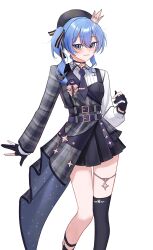  1girl absurdres asymmetrical_legwear asymmetrical_sidelocks belt beret black_thighhighs blue_choker blue_eyes blue_hair blush breasts choker chrispy_tuna commentary crown english_commentary gloves hat highres hololive hoshimachi_suisei jacket looking_at_viewer multiple_belts necktie official_alternate_costume partially_fingerless_gloves plaid_clothes plaid_jacket ribbon shirt side_ponytail sidelocks small_breasts smile solo star_(symbol) star_choker star_in_eye starry_sky_print symbol_in_eye thigh-highs vest virtual_youtuber white_background white_shirt 