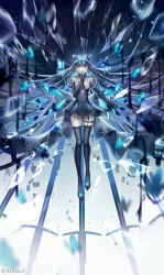  1girl 4ikur0 absurdres animal_ears arcaea artist_name black_dress black_gloves black_hair black_thighhighs blue_bow blue_butterfly blue_eyes bow broken_glass bug butterfly cat_ears closed_mouth commentary_request crystal_wings detached_collar double_bun dress fake_animal_ears finger_to_mouth frilled_skirt frills garter_straps glass glass_shards gloves hair_bow hair_bun highres long_hair long_sleeves looking_at_viewer off-shoulder_dress off_shoulder shushing signature skirt smile solo straight-on tairitsu_(arcaea) tairitsu_(tempest)_(arcaea) thigh-highs twitter_username wings 