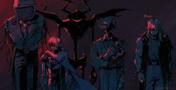  1girl 2026 2boys 2others amputee ant_tenna antlers armor cable collared_shirt commentary crt delta_rune_(symbol) deltarune double_amputee flower flowery_(deltarune) highres horns kris_(dark_world)_(deltarune) kris_(deltarune) long_sleeves multiple_boys multiple_others necktie negio_(negi91_rb) object_head puffy_long_sleeves puffy_sleeves roaring_knight shirt side_cape susie_(dark_world)_(deltarune) susie_(deltarune) twitter_username utdr_(toby_fox) 