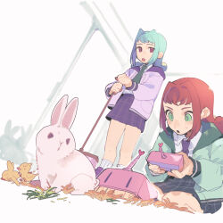  ally_(allstar_academy)_(puyopuyo) ally_(puyopuyo) animal baby_animal bird black_skirt blue_hair broom brown_hair chick collared_shirt commentary_request controller curtains dutch_angle green_eyes green_jacket green_necktie hair_intakes hay heart highres holding holding_broom holding_controller holding_remote_control indoors jacket looking_at_another medium_hair necktie open_mouth parted_lips plaid_clothes plaid_skirt pleated_skirt purple_jacket purple_necktie purple_skirt puyopuyo puyopuyo_quest rabbit radio_antenna rafisol_(allstar_academy)_(puyopuyo) rafisol_(puyopuyo) remote_control robotic_vacuum_cleaner school_uniform shirt sitting skirt standing urolo violet_eyes wariza white_rabbit_(animal) white_shirt window 