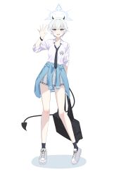  1girl :d absurdres apholis arm_behind_back asakura_toru asakura_toru_(cosplay) bag bare_legs black_necktie black_skirt blue_archive blue_cardigan blue_eyes blush breasts cardigan cardigan_around_waist clothes_around_waist commentary cosplay demon_girl demon_horns demon_tail erika_(blue_archive) full_body hand_up highres holding holding_bag horns idolmaster idolmaster_shiny_colors legs necktie plaid_clothes plaid_skirt pleated_skirt school_bag school_uniform shirt short_hair skirt small_breasts smile solo tail thighs untranslatable_commentary waving white_hair white_shirt 