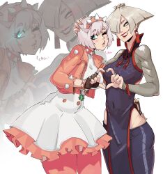  2girls a.k.i._(street_fighter) absurdres ahoge blue_eyes bob_cut bracelet breasts chinese_clothes collar commentary crossover cupperexe dress earrings elphelt_valentine fingerless_gloves gloves guilty_gear guilty_gear_strive hair_over_one_eye hairband hand_on_another's_back hand_on_another's_head heart heart_hands heart_hands_duo highres impossible_hair jacket jewelry large_breasts looking_at_viewer mole mole_under_mouth multiple_girls one_eye_closed pants pelvic_curtain pink_hairband pink_jacket qipao red_eyes red_lips red_trim see-through_clothes see-through_sleeves short_hair skindentation smile spiked_bracelet spiked_collar spiked_hairband spiked_jacket spikes street_fighter street_fighter_6 tassel tassel_earrings white_hair 