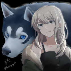  1girl black_background black_camisole camisole closed_mouth commentary earclip fantasy6gp677 girls_band_cry grey_eyes grey_hair highres kawaragi_momoka long_hair multicolored_hair off_shoulder roots_(hair) solo upper_body wolf 