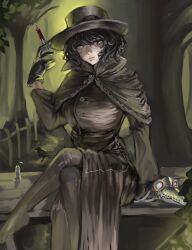  1girl absurdres bird black_coat black_eyes black_gloves black_hair black_hat black_pantyhose black_souls black_souls_2 blackwell_(black_souls) breasts closed_mouth coat commentary_request gloves grey_eyes hat heterochromia highres holding holding_syringe large_breasts legs mature_female multicolored_eyes nu_zhi40846 pantyhose plague_doctor plague_doctor_mask short_hair sitting solo syringe two-tone_eyes 