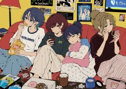  4girls absurdres asakura_toru bag_of_chips big_fish blue_eyes blue_hair blue_pants brown_eyes brown_hair cellphone closed_eyes couch cup doughnut dr_pepper earrings eating food fukumaru_koito green_shirt hair_bun highres higuchi_madoka holding holding_mirror hugging_object ichikawa_hinana idolmaster idolmaster_shiny_colors indoors jewelry lamp lay's_(potato_chips) loungewear mirror mole mole_under_eye mug multiple_girls noctchill_(idolmaster) pajamas pants parted_lips phone poster_(object) print_shirt red_eyes red_hair red_shirt shirt short_hair short_sleeves sitting slice_of_life smartphone snickers_(brand) striped_clothes striped_pants t-shirt touma_(ssit02) white_shirt 