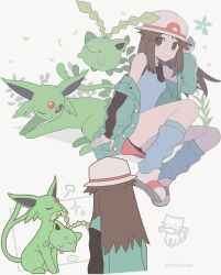  ... 1girl absurdres alternate_color blue_shirt blue_socks breasts brown_eyes brown_hair bucket_hat commentary_request espeon forehead_jewel green_jacket hat highres hoppip jacket leaf_(pokemon) long_hair loose_socks mouth_hold one_eye_closed pokemon pokemon_(creature) pokemon_firered_and_leafgreen porkpie_hat red_skirt rone_(5uno0nova4) shiny_pokemon shirt shoes skirt sleeveless sleeveless_shirt small_breasts socks spoken_ellipsis white_hat 