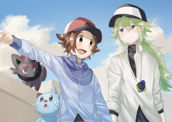  2boys absurdres blue_jacket brown_eyes brown_hair closed_mouth clouds collared_shirt commentary_request day dewott green_hair hat highres hilbert_(pokemon) jacket long_hair long_sleeves male_focus multiple_boys n_(pokemon) open_mouth outdoors pointing pokemon pokemon_(creature) pokemon_black_and_white red_hat shirt short_hair sky smile undershirt yukinoko2200 zipper_pull_tab zorua 