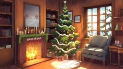  armchair blue_sky book book_stack bookshelf box candle carpet chair commentary day english_commentary fire fireplace highres indoors lantern light_rays mini_christmas_tree muntins no_humans novish original painting_(object) picture_frame pine_tree scenery sky snow snow_on_tree snowing spiked_ball sunbeam sunlight table tree variant_set watermark watermark_grid window window_shadow winter wooden_floor wooden_lantern 