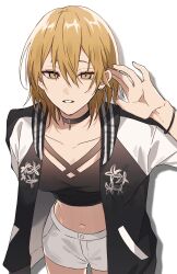  1girl absurdres black_choker black_jacket black_shirt blonde_hair bright_pupils choker commission crop_top expressionless highres indie_virtual_youtuber jacket long_sleeves looking_at_viewer maomi_yuka midriff navel open_clothes open_jacket second-party_source shiba_twst_69 shirt short_hair short_shorts shorts solo stomach virtual_youtuber white_shorts white_sleeves yellow_eyes 