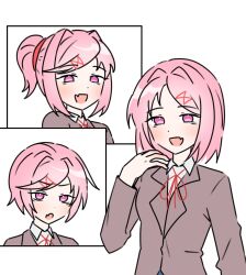  1girl banquet_noodle commentary doki_doki_literature_club fang hair_ornament hairband highres looking_at_viewer natsuki_(doki_doki_literature_club) pink_eyes pink_hair ponytail school_uniform short_hair smile solo white_background x_hair_ornament 