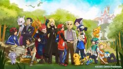 4girls 6+boys backpack bag barry_(pokemon) bettie_(pokemon) black_hair blonde_hair blue_jacket blue_sky calem_(pokemon) cape castle charizard closed_eyes commentary copyright_notice crossed_arms cynthia_(pokemon) english_commentary espurr eyewear_on_headwear full_body giovanni_(pokemon) hair_over_one_eye hand_on_another's_shoulder handshake hat jacket lab_coat lance_(pokemon) looking_at_another mewtwo multiple_boys multiple_girls official_alternate_costume official_art on_head on_one_knee open_mouth outdoors pikachu piplup pokemon pokemon_(creature) pokemon_diamond/pearl/platinum pokemon_heartgold_and_soulsilver pokemon_masters_ex pokemon_omega_ruby_and_alpha_sapphire pokemon_on_head pokemon_ultra_sun_and_ultra_moon pokemon_x_and_y professor_bellis professor_oak rayquaza red_(pokemon) red_(sygna_suit)_(pokemon) red_hair red_hat scottie_(pokemon) sitting sky smile standing torchic torn_cape torn_clothes white_hair zinnia_(pokemon) 