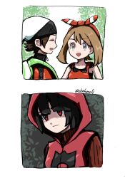  1boy 2girls :d alternate_costume bag beanie brendan_(pokemon) brown_hair commentary eyelashes green_bag grey_eyes hairband hat highres hood hood_up hooded_vest hoodie logo may_(pokemon) multiple_girls open_mouth pokemon pokemon_omega_ruby_and_alpha_sapphire red_hairband red_shirt red_vest shirt smile team_magma team_magma_uniform twitter_username vest white_hat zakku_(zkpkmn0) zinnia_(pokemon) zipper_pull_tab 