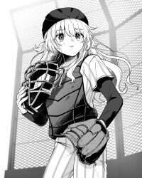  1girl absurdres artist_request baseball_mitt baseball_uniform catcher's_mask catcher_(baseball) chain-link_fence chest_protector commentary_request cowboy_shot fence from_below greyscale helmet highres holding holding_mask long_hair mask monochrome novel_illustration official_art open_mouth pants shirt shirt_under_shirt solo sportswear striped_clothes striped_pants striped_shirt sweatdrop tamanchu! two_side_up vertical-striped_clothes vertical-striped_pants vertical-striped_shirt yamasato_yo 