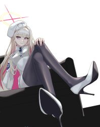  absurdres aiguillette beret black_pantyhose blonde_hair blonde_student_council_president_(blue_archive) blue_archive blue_eyes commentary_request crossed_legs epaulettes fandral_(vnfmvnfm) halo hand_on_own_knee hat highres korean_commentary long_hair medal multicolored_hair multicolored_halo pantyhose pink_streaks red_halo shoulder_strap single_epaulette sitting smile streaked_hair two-tone_halo white_background white_halo white_hat yellow_halo 