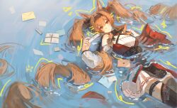  1girl angelina_(arknights) angelina_the_mellow_wish_(arknights) animal_ear_fluff animal_ears arknights artist_name bare_shoulders black_collar black_hairband black_thighhighs collar commentary_request detached_sleeves dot_nose double-parted_bangs dress earpiece fox_ears fox_girl hair_between_eyes hair_spread_out hairband highres holding holding_letter infection_monitor_(arknights) letter long_hair looking_at_viewer luna_ming lying material_growth on_back oripathy_lesion_(arknights) partially_submerged pleated_dress smile solo thigh-highs twintails very_long_hair water wet white_dress 