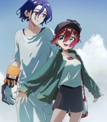  1boy 1girl amate_yuzuriha aqua_eyes bag baseball_cap blue_hair breasts closed_mouth colored_inner_hair commentary_request conch_(gundam) gloves gundam gundam_gquuuuuux hat highres jacket long_sleeves multicolored_hair non-humanoid_robot o6nuqm open_mouth pants purple_hair red_eyes red_hair robot shirt short_hair shorts shuji_ito smile two-tone_hair white_shirt 