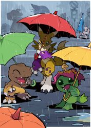  absurdres agumon claws closed_eyes colored_skin digimon digimon_(creature) highres holding holding_umbrella looking_at_viewer open_mouth outdoors palmon rain renamon sinobali umbrella yellow_fur yellow_skin 