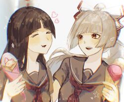  >_< 2girls alternate_costume black_sailor_collar black_shirt blush bow brown_hair commentary_request crepe food fujiwara_no_mokou grey_hair hair_bow heart highres holding holding_crepe holding_food houraisan_kaguya long_hair multiple_girls neckerchief neruko_(piano00324) open_mouth red_eyes red_neckerchief sailor_collar school_uniform shirt short_sleeves smile teeth touhou translation_request upper_body upper_teeth_only 