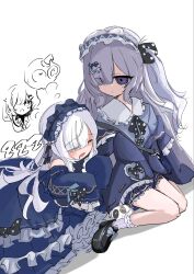  2girls bare_shoulders black_ribbon black_shoes blue_dress blue_hairband blue_jacket blue_skirt bow chibi chibi_inset clone dress dress_bow frilled_dress frilled_hairband frilled_sleeves frilled_socks frills gothic_lolita hair_bow hair_over_one_eye hair_ribbon hairband highres jacket jacket_partially_removed lolita_fashion lolita_hairband long_hair long_sleeves mahou_shoujo_no_majo_saiban multiple_girls natsume_an-an off-shoulder_dress off_shoulder official_alternate_costume one_eye_covered polka_dot polka_dot_bow polka_dot_shirt purple_shirt ribbon sakuraba_ema shirt shoes skirt sleeve_bow sleeves_past_fingers sleeves_past_wrists socks tou_chan06 violet_eyes white_background white_hair white_socks wide_sleeves 