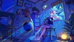  1girl basket bathroom check_commentary clouds commentary_request detergent electrical_outlet fang faucet food highres holding holding_food holding_popsicle laundry laundry_basket laundry_room moon night night_light open_mouth open_window original pajamas plant popsicle port_(portzzz) potted_plant short_hair sink slice_of_life soaking_feet soap_bottle solo stool summer towel washing_machine window 
