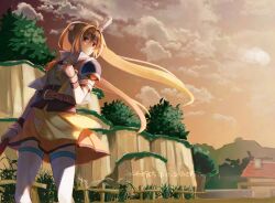  1girl 2026 ahoge armor artist_name belt bo_staff brown_belt brown_gloves brown_hair cliff closed_mouth clothes_lift clouds commentary_request cropped_jacket dated double-parted_bangs eiyuu_densetsu estelle_bright fingerless_gloves floating_hair gloves gradient_sky grass hair_between_eyes hair_intakes harmonica highres holding holding_instrument holding_staff holding_weapon house instrument jacket leather_belt long_hair open_clothes open_jacket orange_skirt outdoors partially_shaded_face pauldrons red_eyes shimakusa_arou shoulder_armor sidelocks single_pauldron skirt skirt_lift sky solo sora_no_kiseki staff sunset thigh-highs tree twintails twitter_username upper_body very_long_hair watermark weapon white_thighhighs wind 