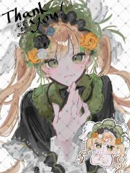 1girl artist_name black_bow black_bowtie black_capelet black_flower black_rose blonde_hair bonnet bow bow_flower bowtie capelet chibi chibi_inset chinstrap classic_lolita commentary_request commission dress flower frilled_capelet frilled_dress frilled_sleeves frills green_bonnet green_eyes hair_flower hair_ornament highres lolita_fashion long_hair long_sleeves looking_at_viewer mahou_shoujo_no_majo_saiban open_mouth rose signature simple_background solo thank_you tono_hanna tulip twintails twitter_username upper_body watermark watermark_grid white_background white_flower white_rose white_tulip wide_sleeves winged_hat yellow_flower yellow_rose