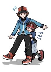  >_< 2boys black_pants blue_jacket boots brown_eyes brown_hair closed_eyes commentary_request flying_sweatdrops grey_shorts hands_on_another's_waist hat highres hilbert_(pokemon) jacket long_sleeves male_focus multiple_boys nate_(pokemon) open_mouth pants pokemon pokemon_black_2_and_white_2 pokemon_black_and_white red_boots red_hat red_shoes shoes short_hair shorts twitter_username white_background zakku_(zkpkmn0) zipper_pull_tab 