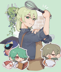  3boys albert_(puyopuyo) black_sweater blue_eyes blue_shirt book bowl bras_d'honneur brown_hair brown_overalls chibi closed_eyes closed_mouth commentary_request cooking creature familiar floating ghost green_eyes green_hair hair_over_one_eye half_updo hand_on_own_arm hand_up hanging_plant headscarf highres holding holding_book holding_bowl holding_whisk lemres_(puyopuyo) licking_lips looking_at_viewer male_focus medium_hair mixing_bowl multiple_boys notice_lines object_on_head one-eyed one_eye_covered open_book open_mouth orange_sweater outline overalls parted_lips plaid_headscarf plant puyopuyo puyopuyo_quest red_eyes red_headscarf rozatte_(puyopuyo) rozatte_(thoughtful_kitchen)_(puyopuyo) shirt short_hair smile sweater teamwork tongue tongue_out tray urolo v-shaped_eyes whisk white_outline yellow_eyes 