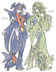  2girls bandana bare_shoulders blue_hair boots colored_sclera commentary_request dress fake_tail garchomp green_bandana green_eyes green_hair hair_ornament highres jewelry long_hair multicolored_hair multiple_girls natsun_(4869ntmmmmm) necklace personification pokemon pokemon_(creature) pokemon_focus skin_tight spikes standing tail tyranitar white_background yellow_eyes 
