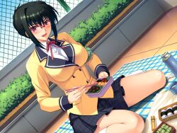  1girl :d armband bento black_hair blazer blush bottle breasts chopsticks dutch_angle fence food fuuki_iinchou_seira game_asset glasses holding holding_bento ishigaki_takashi jacket kneehighs large_breasts long_sleeves looking_at_viewer non-web_source official_art onigiri open_mouth outdoors picnic pink-framed_eyewear plaid_clothes plaid_skirt pleated_skirt red-framed_eyewear ribbon saotome_seira school_uniform self-datamine semi-rimless_eyewear short_hair sitting skirt smile socks solo thermos variant_set violet_eyes visual_novel_cg wariza white_socks 