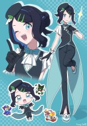  1girl black_hair blue_eyes blush chibi closed_mouth commentary_request cowlick frilled_sleeves frills gloves hair_bun hair_ornament hairclip hat high_heels highres liko_(pokemon) long_hair looking_at_viewer meowscarada multicolored_hair one_eye_closed open_mouth pants pokemon pokemon_(anime) pokemon_horizons quaquaval qxie26889 shirt short_sleeves skeledirge smile vest white_shirt 