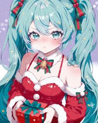  1girl :t bell bow christmas christmas_ornaments christmas_sweater detached_collar detached_sleeves fur_collar gift golden_bell green_eyes green_hair green_nails hair_bow hair_ornament hatsune_miku highres lips mistletoe mistletoe_hair_ornament nail_polish pom_pom_(clothes) pout puckered_lips ray_(yuna) santa_costume snowflake_background snowflakes snowing star_(symbol) star_hair_ornament vocaloid 