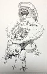  1girl 1other ass breasts cockpit commentary_request crop_top cup disposable_cup drinking_straw fuchikoma ghost_in_the_shell gloves greyscale hand_on_own_face highres kusanagi_motoko large_breasts machine mecha medium_hair monochrome non-humanoid_robot on_mecha open_cockpit photo_(medium) robot screen shoes shorts simple_background sitting sitting_on_mecha sitting_on_robot sleeveless tank_top tatsu_yukinobu traditional_media white_background 
