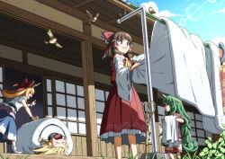  4girls ascot bird blonde_hair blue_skirt bow braid brown_eyes brown_hair brown_horns carpet_beater closed_mouth commentary_request cuffs curly_hair day detached_sleeves frilled_bow frilled_hair_tubes frills futon green_eyes green_hair hair_bow hair_tubes hakurei_reimu hakurei_shrine horns ibuki_suika inuno_rakugaki kirisame_marisa komainu_girl komano_aunn laundry laundry_pole lens_flare life_at_the_hakurei_shrine_(touhou) long_hair missing_headwear multiple_girls non-circular_lens_flare oni red_bow red_shirt red_skirt ribbon-trimmed_skirt ribbon-trimmed_sleeves ribbon_trim shackles shirt short_sleeves shorts shouji side_braid single_braid single_horn skirt skirt_set slice_of_life sliding_doors smile sparrow touhou white_bow white_shirt white_shorts yellow_ascot 