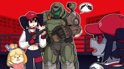  ! 1boy 3girls absurdres animal_crossing armor baseball_cap black_choker black_hair black_leggings blonde_hair body_armor building chibi chibikemo choker colored_sclera colored_skin commentary_request dog_girl doom_(series) doom_eternal doomguy drill_hair dual_persona east-west_crossover fingerless_gloves floppy_ears gloves green_assault_visor grey_skin gun hat helmet highres holding holding_gun holding_weapon impending_doom isabelle_(animal_crossing) jacket kasane_teto korean_commentary leaf_print legband leggings letterman_jacket midriff mozzaraccoon multicolored_hair multiple_girls navel nervous_sweating number_tattoo open_mouth outline pink_shirt power_armor railing red_background red_eyes red_gloves red_hair red_sclera red_shirt sawed-off_shotgun shaded_face shirt shotgun shoulder_cannon space_helmet speech_bubble sweat synthesizer_v tattoo trigger_discipline twin_drills two-tone_hair utau weapon white_outline yararara_(synthesizer_v) zombie 
