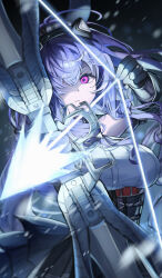  1girl absurdres aiming arknights arknights:_endfield black_gloves black_horns bow_(weapon) breasts closed_mouth commentary_request drawing_bow energy_arrow fake_horns gloves hair_over_one_eye hairband highres holding holding_bow_(weapon) holding_weapon horn_hairband horns large_breasts long_hair looking_at_viewer ohagi_umeume purple_hair solo typhoeus_(arknights) typhon_(arknights) upper_body violet_eyes weapon 